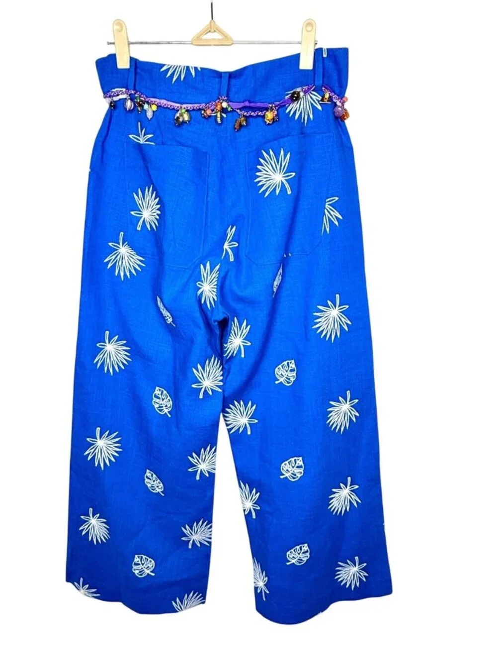 Zara Blue Wide-Leg Cropped Pants w/Embroidery High-Waist Size Small with Belt